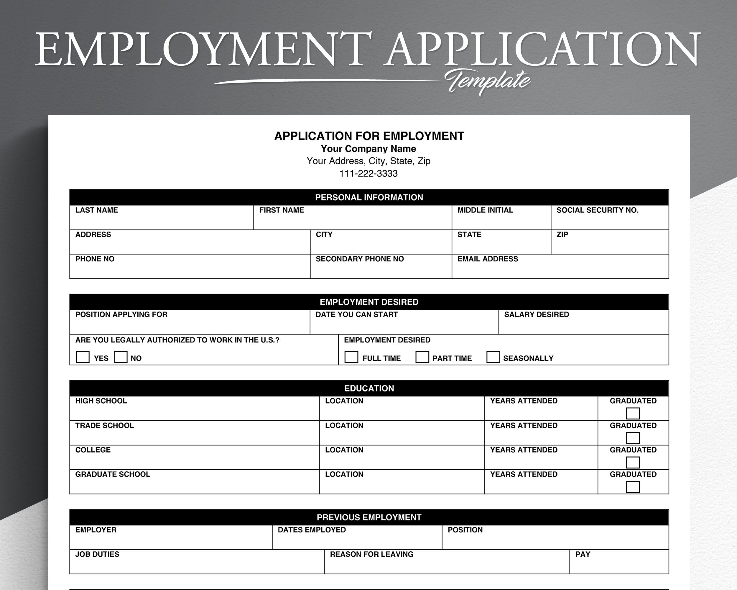 printable job application form