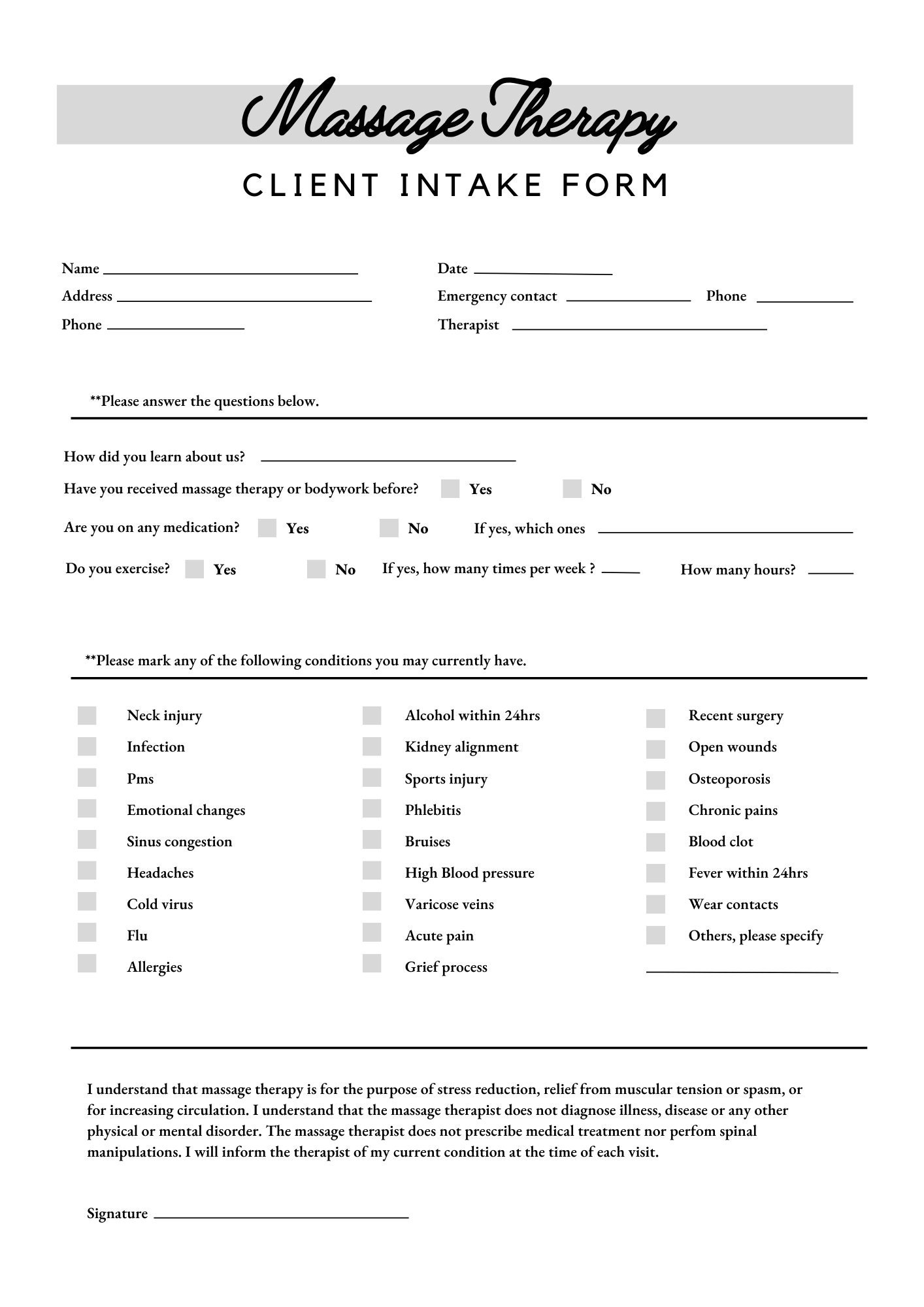 Massage Therapy Form Printable Forms Etsy Massage Therapy Form Printable Forms Etsy