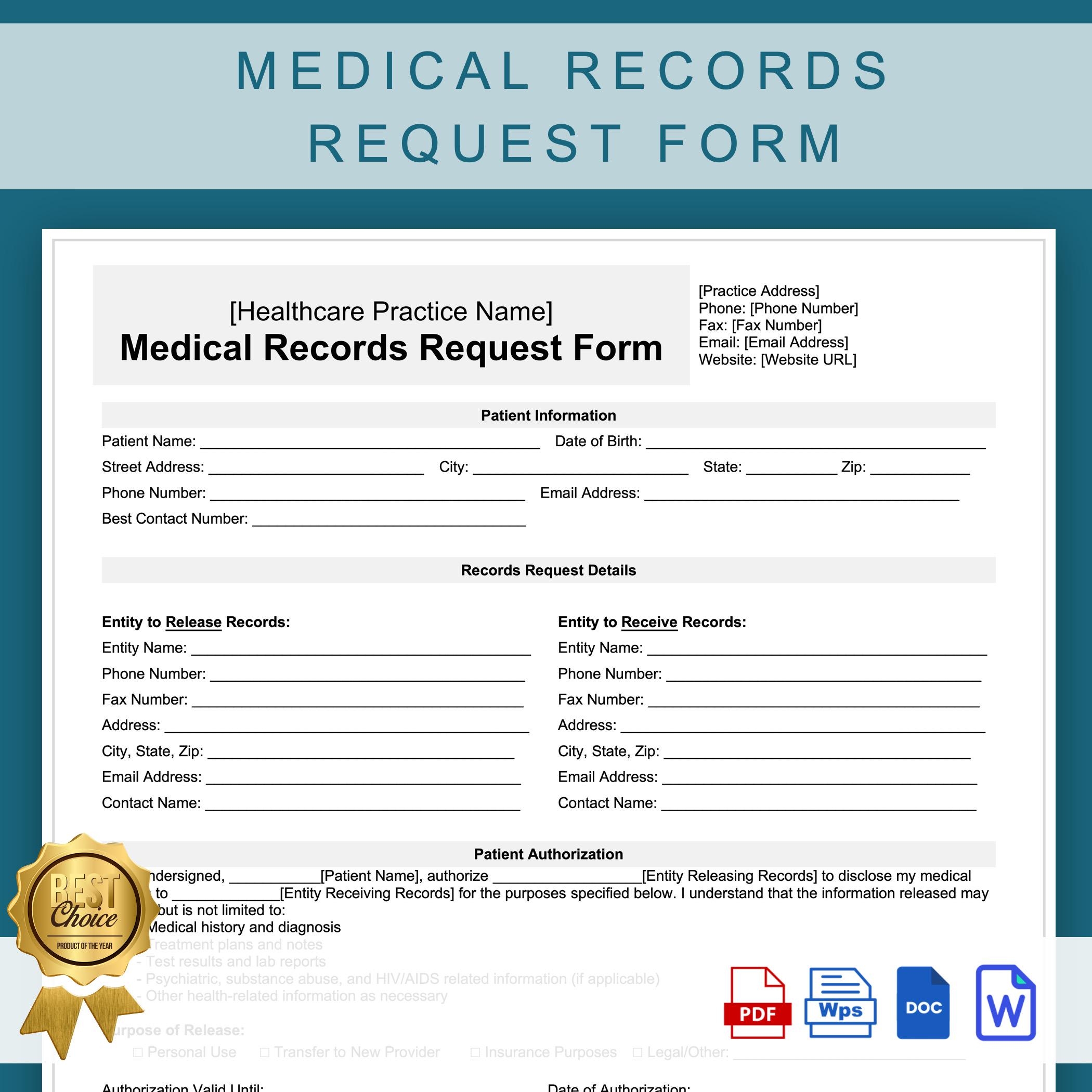 Medical Records Request Form Template Printable Healthcare Medical Records Release Form Editable For Healthcare Providers Etsy