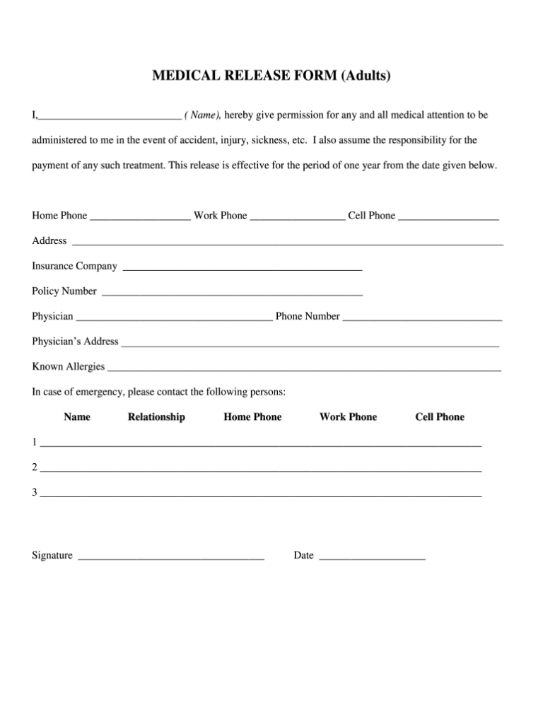 Medical Release Form Adults Fill Out Sign Share Online PdfFiller