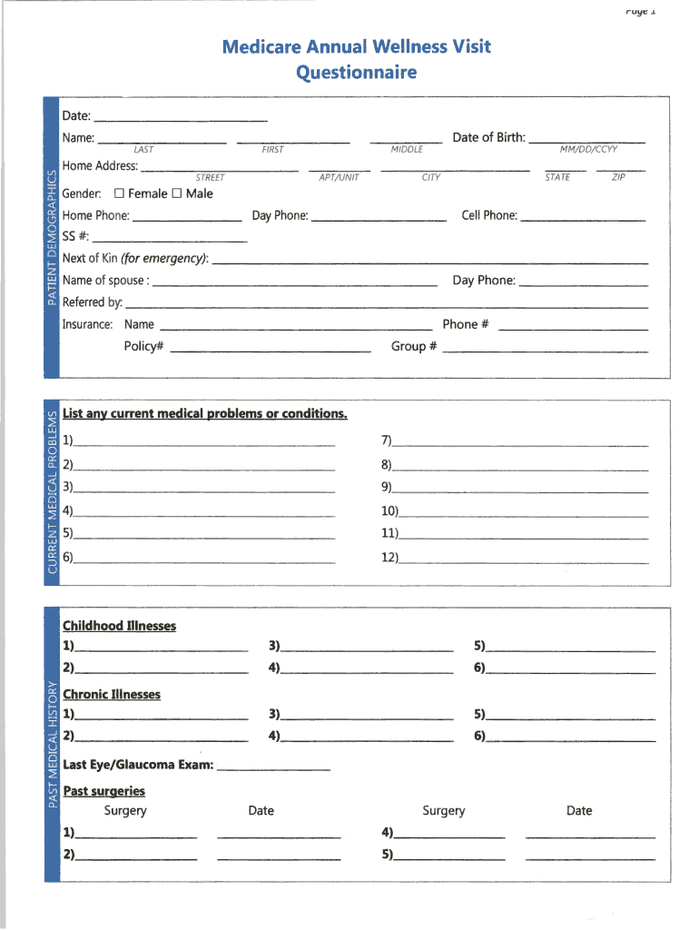 Medicare Annual Wellness Visit Questionnaire Fill Out Sign Share Online PdfFiller