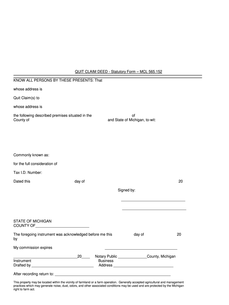MI Quit Claim Deed Statutory Form Fill Out Sign Share Online PdfFiller