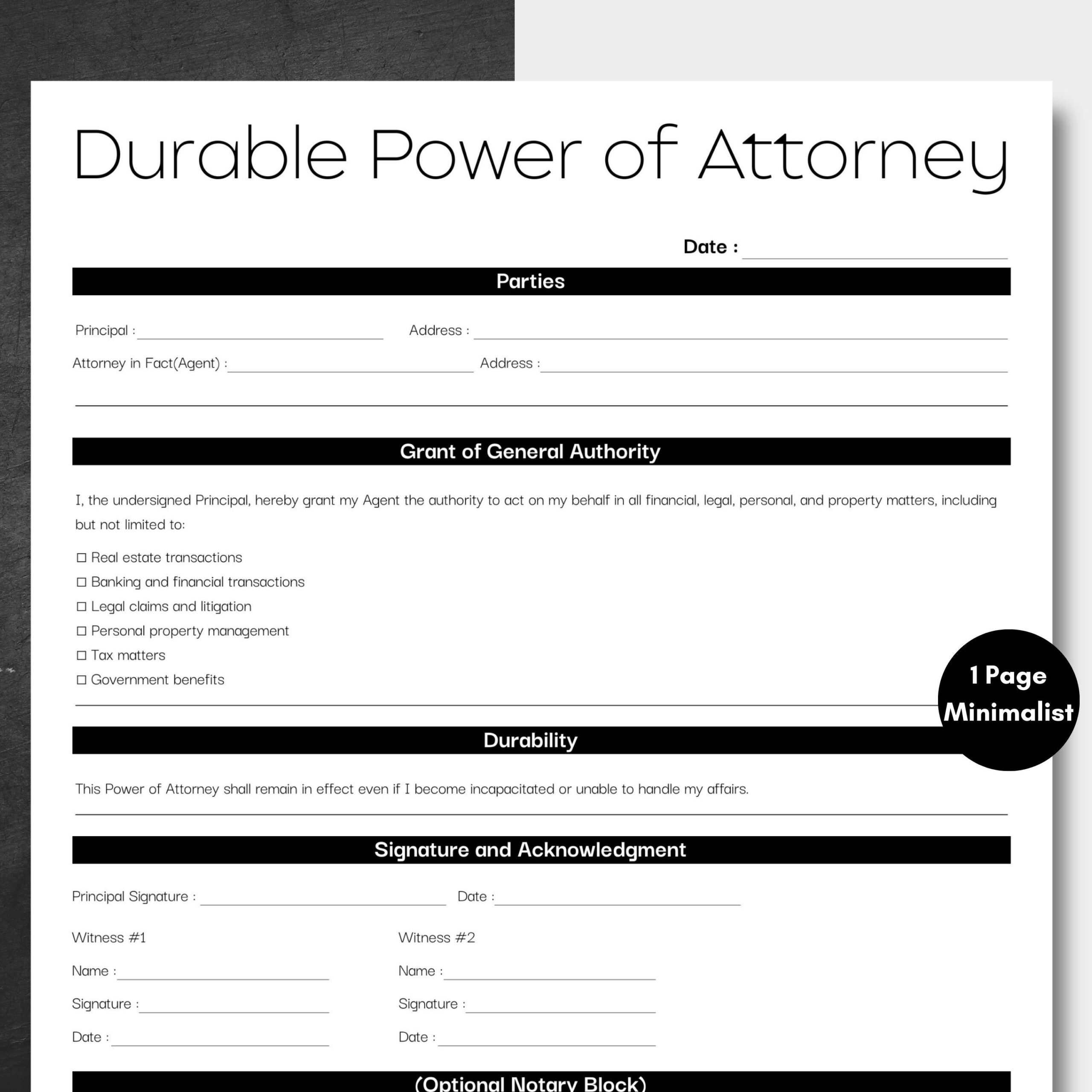 Minimalist Durable Power Of Attorney Black Simple Durable Financial POA Form Editable Canva Durable Legal Form Printable DPOA Template Etsy