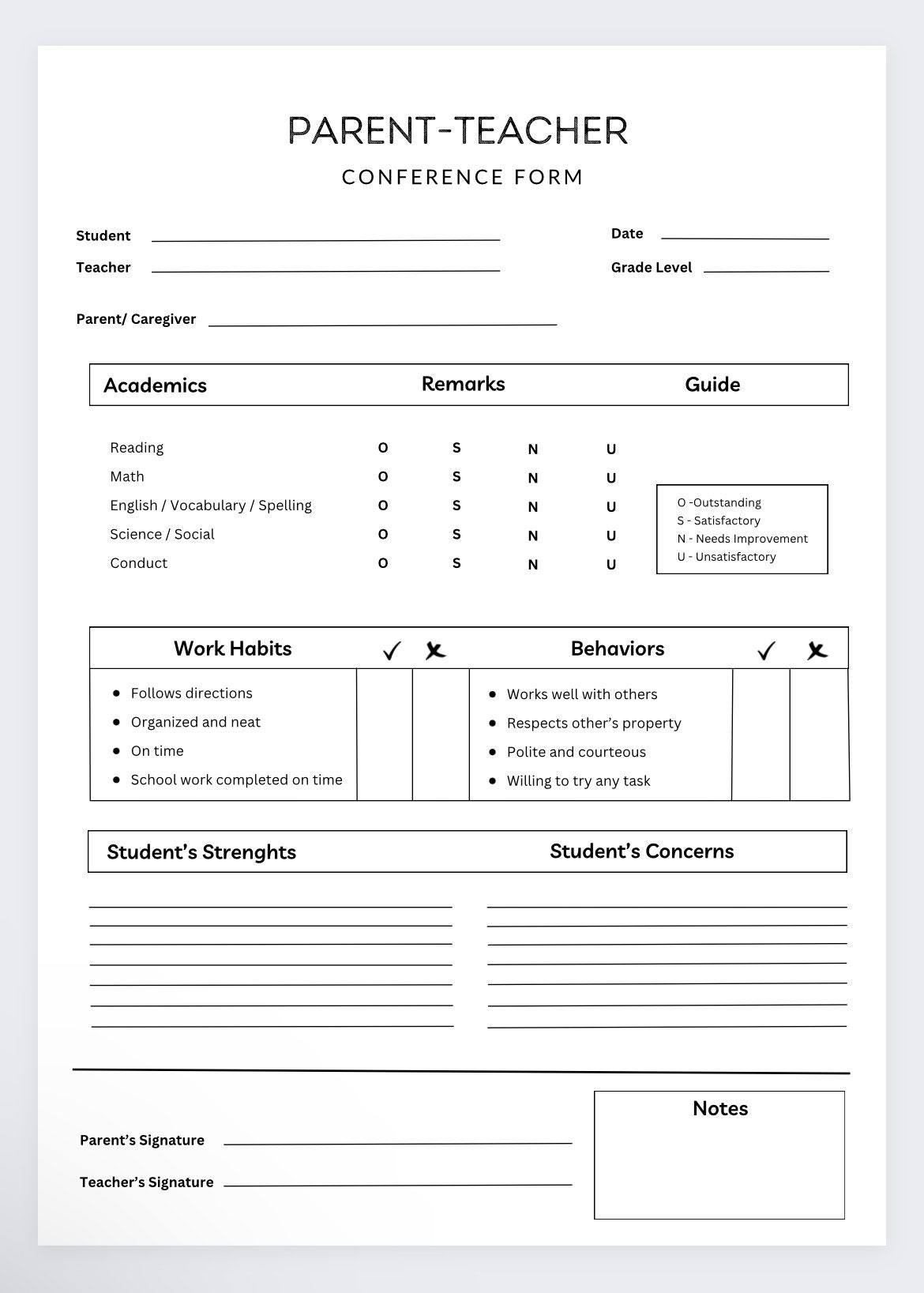 free printable parent teacher conference forms