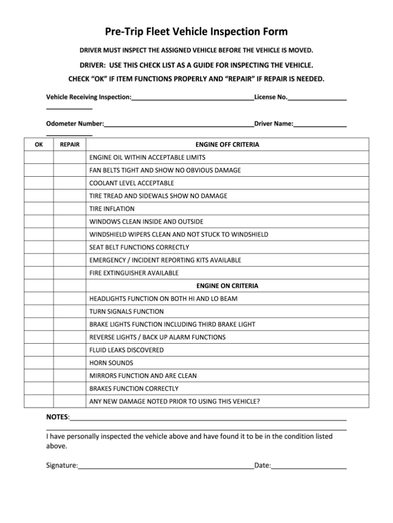 Pre Trip Fleet Vehicle Inspection Form Fill Out Sign Share Online PdfFiller