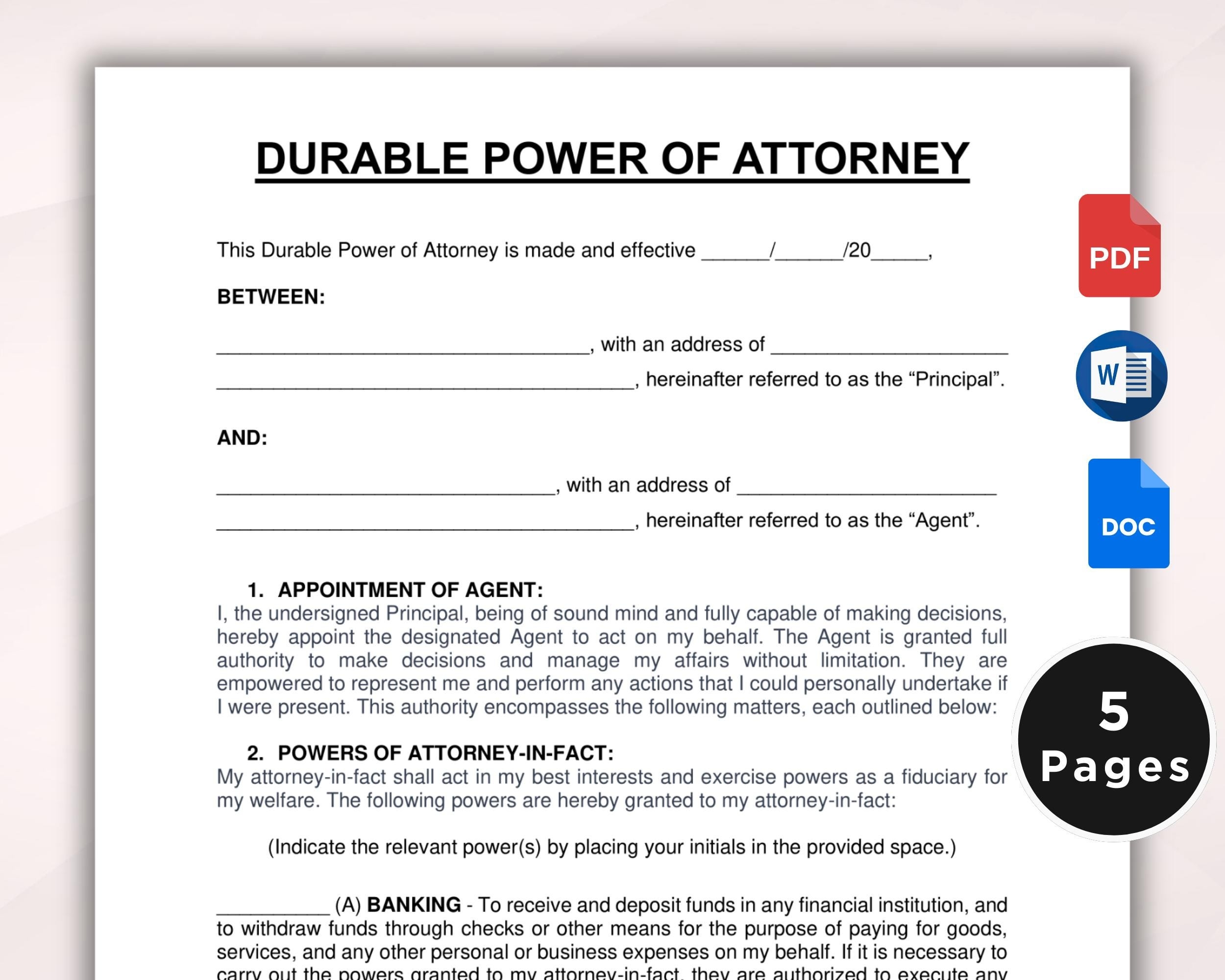 Printable Durable Power Of Attorney Template Durable Power Of Attorney Form POA Form POA Agreement Google Docs Word PDF Instant Download Etsy Israel