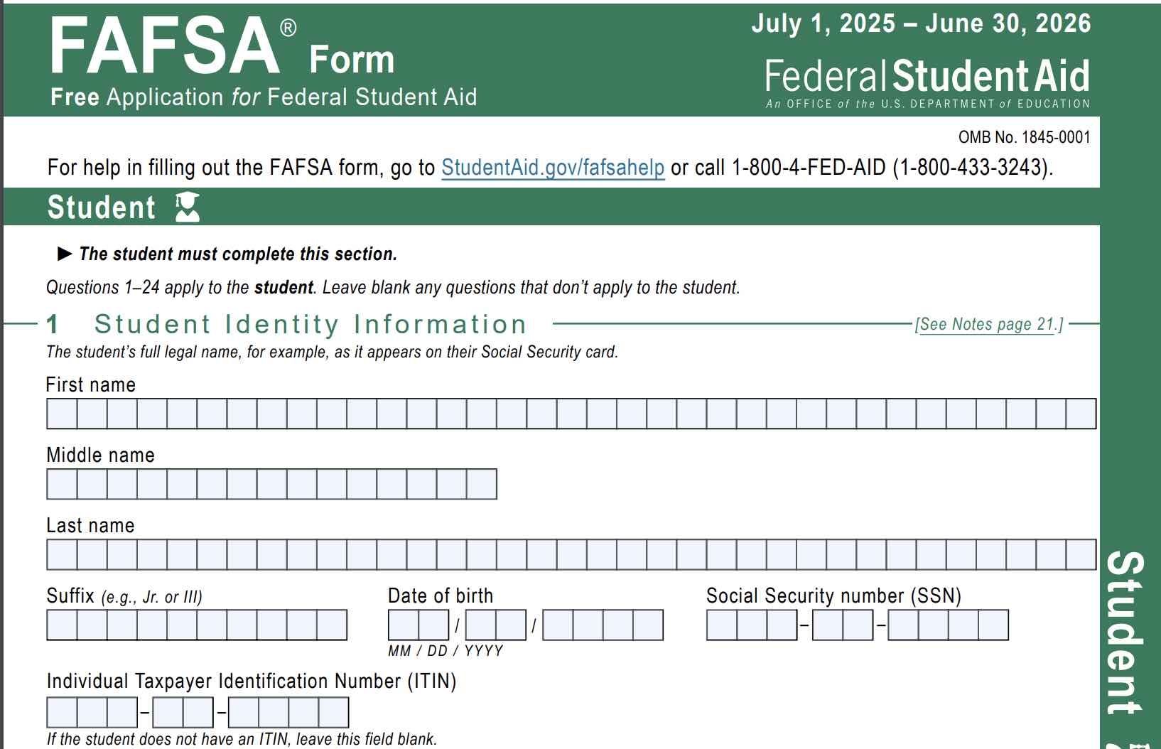 Printable FAFSA Application