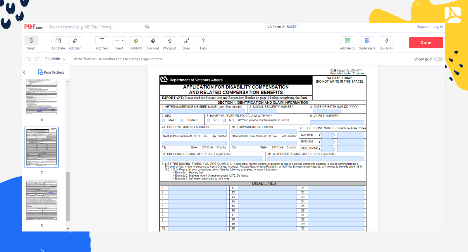 Printable VA Form 21 526EZ Blank Sign Forms Online PDFliner