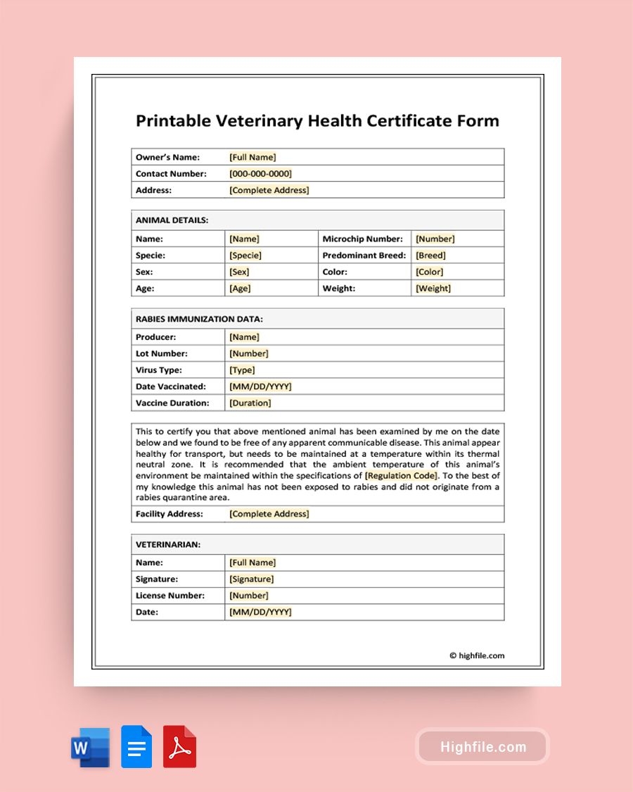 Printable Veterinary Health Certificate Form Printable Veterinary Health Certificate Form