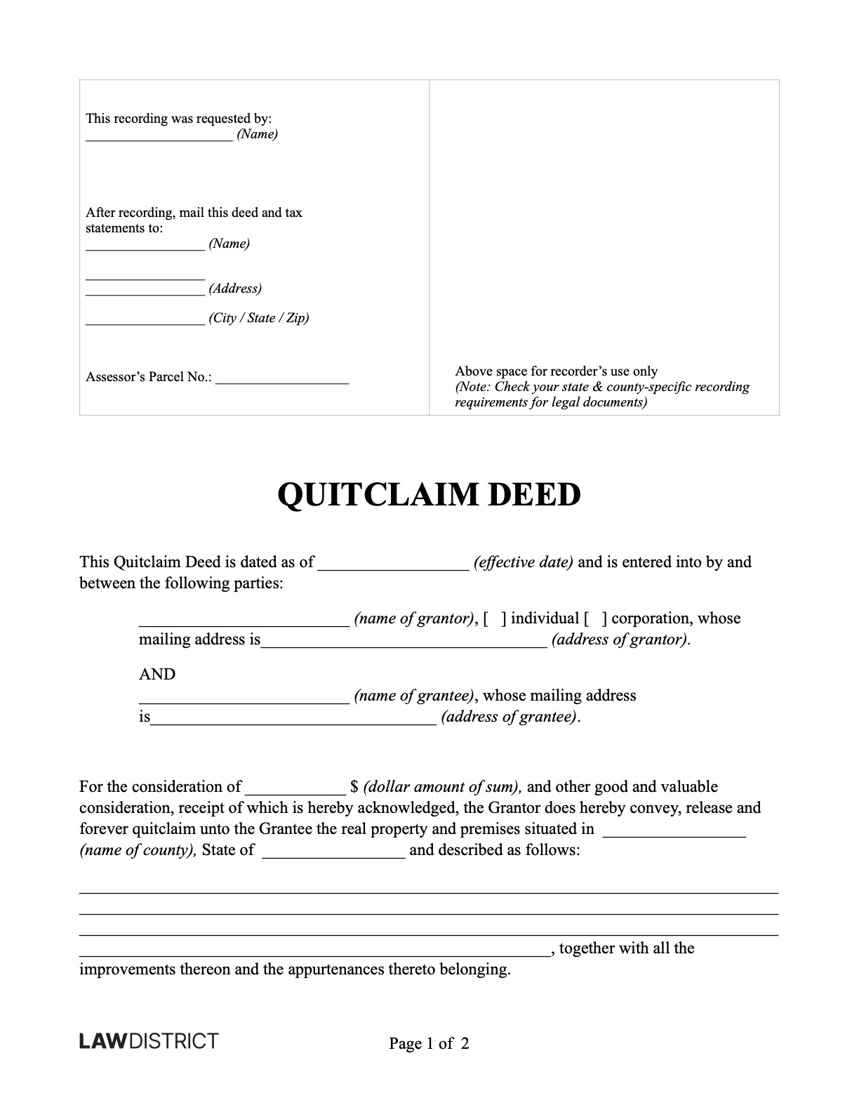 Quitclaim Deed For All US States PDF Sample Lawdistrict Quitclaim Deed For All US States PDF Sample Lawdistrict