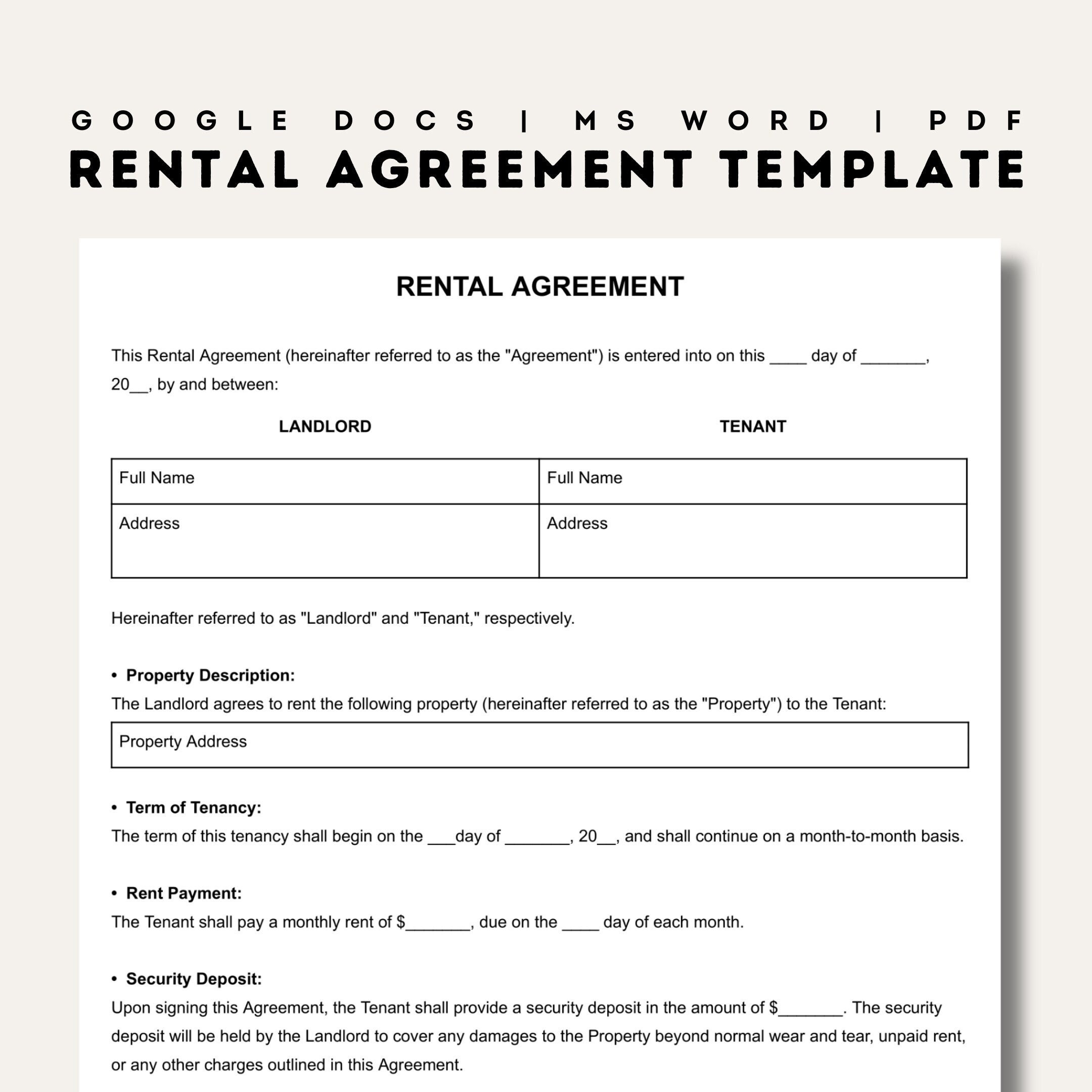 Rental Agreement Templates Simple Editable Rental Agreements Form Printable Lease Fillable Rent Contract Google Docs Word PDF Etsy