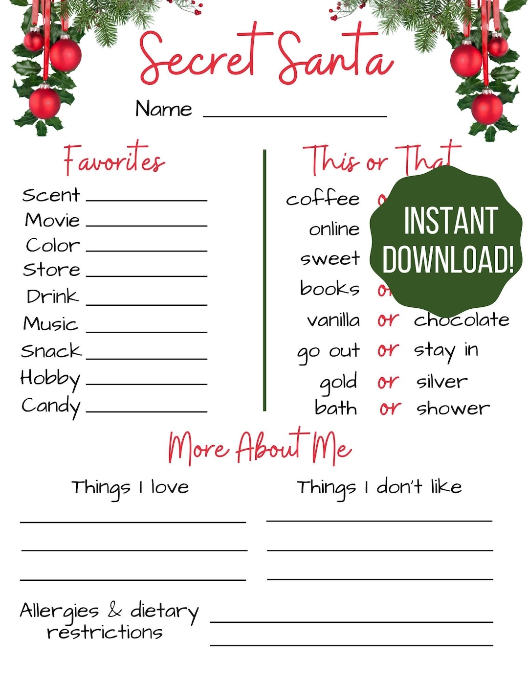 secret santa forms printable