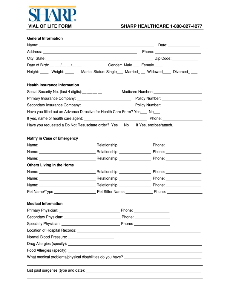 Sharp Vial Of Life Form Fill Out Sign Share Online PdfFiller