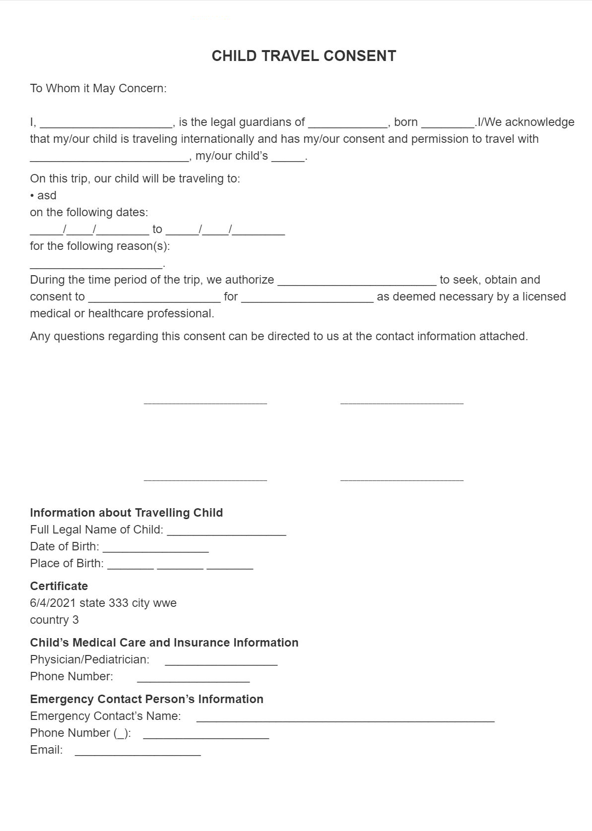 SignSimpli Child Travel Consent Form SignSimpli Child Travel Consent Form