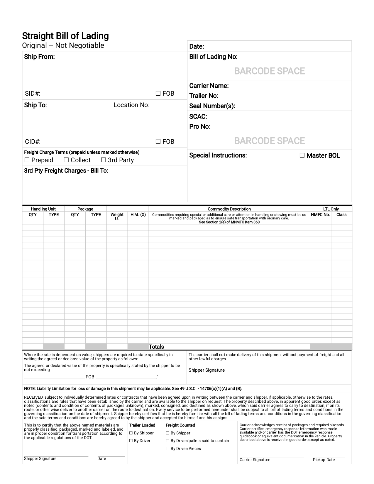Straight Bill Of Lading Printable Template Straight Bill Of Lading Printable Template