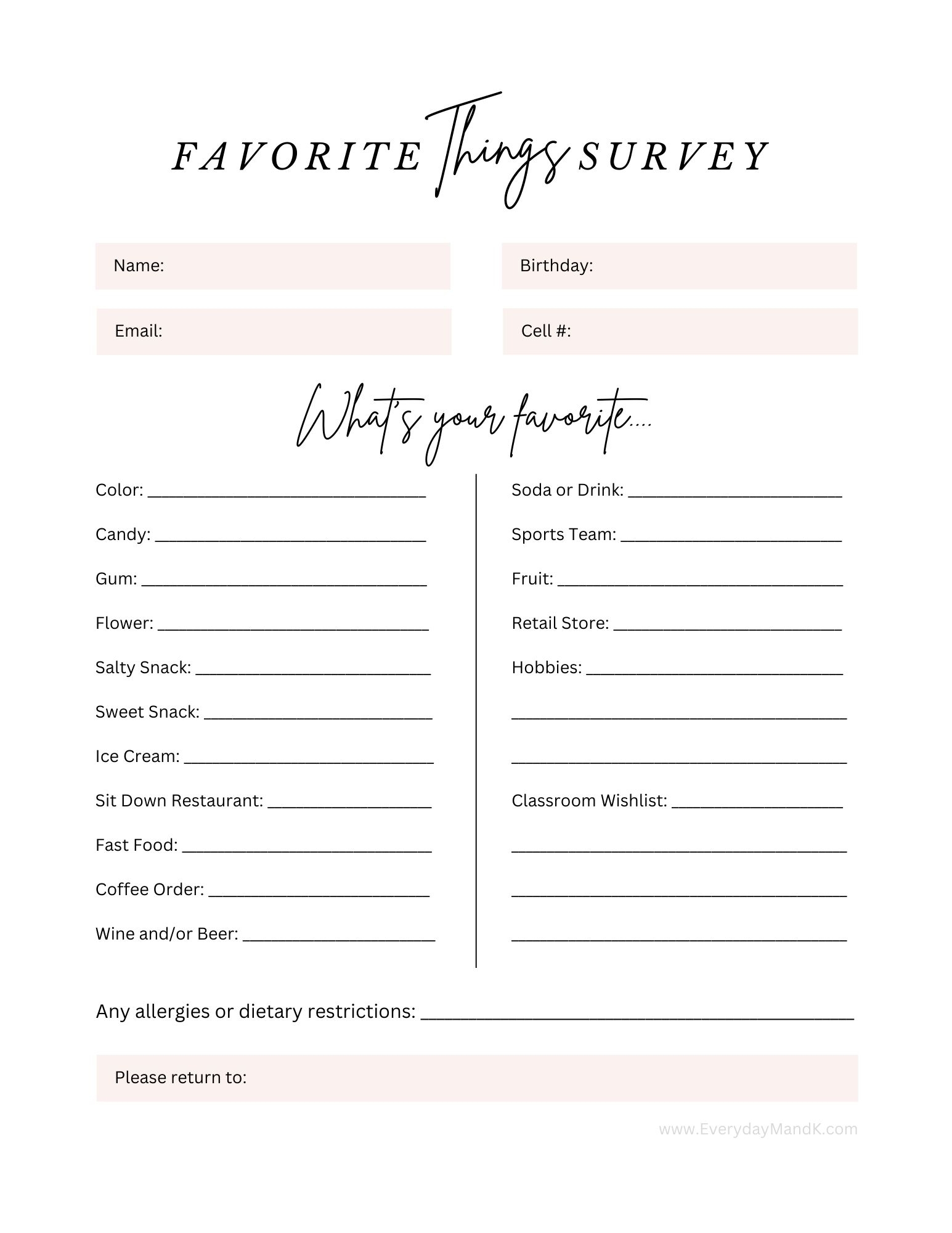 This Teacher Favorite Things Survey Is A Great Tool For Parents And PTOs 