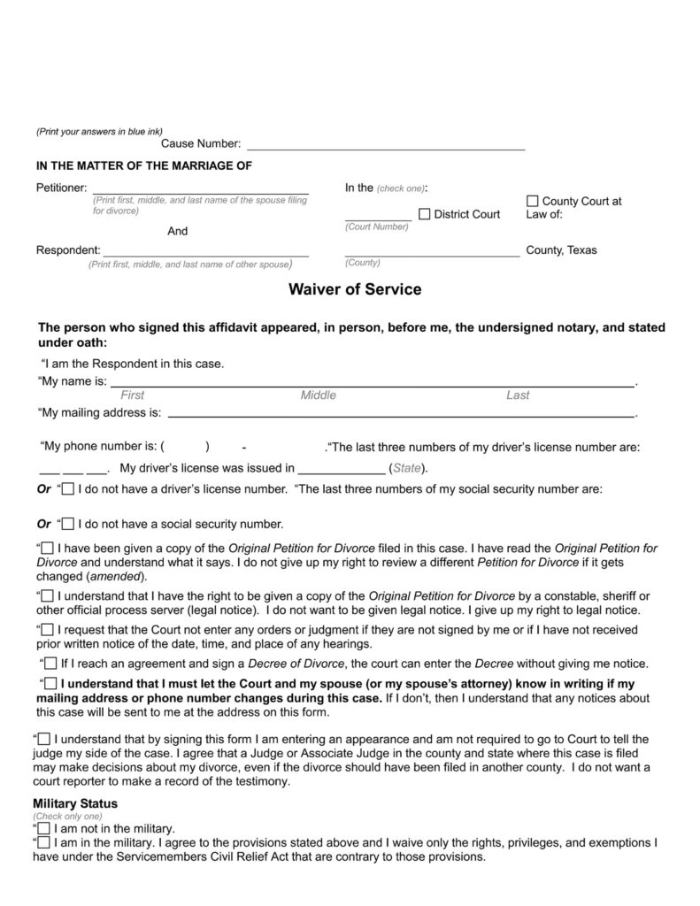Waiver Of Service Texas Download PDF Form