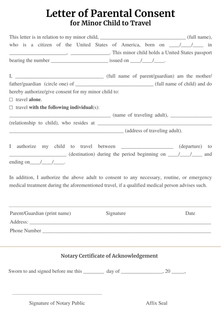 notary printable child travel consent form
