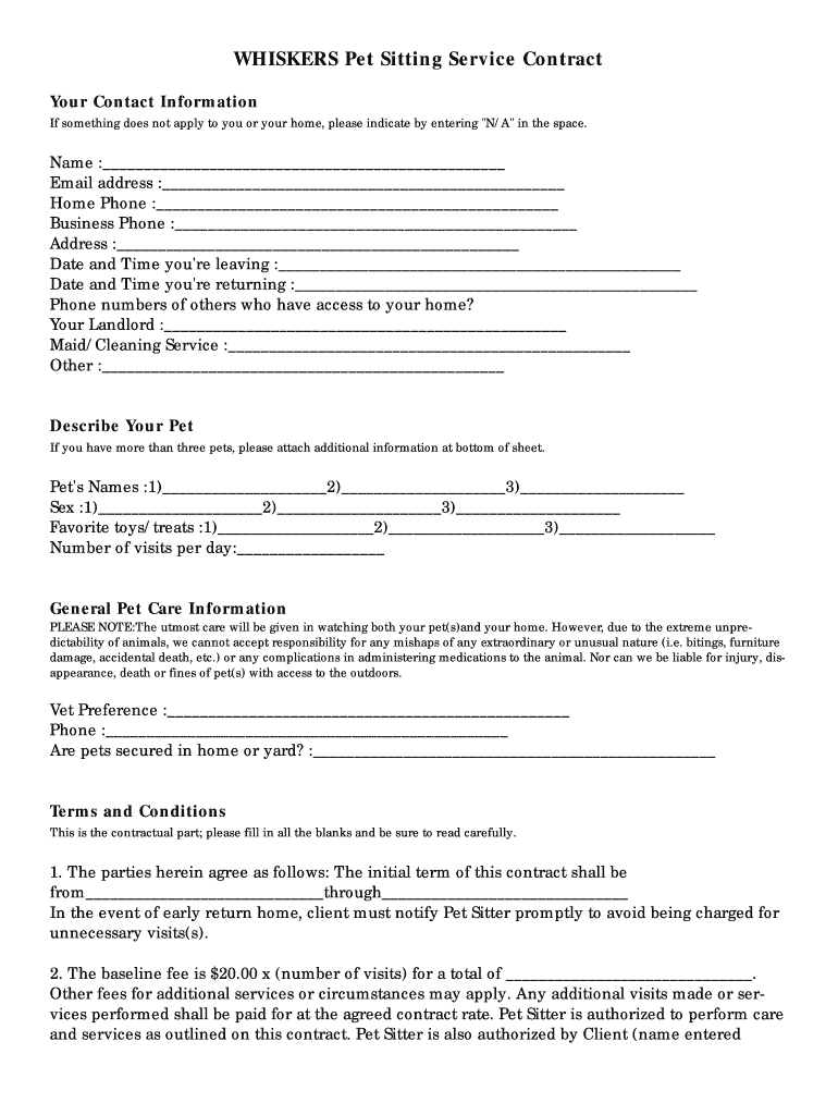 Whiskers Pet Sitting Service Contract Fill Out Sign Share Online PdfFiller Whiskers Pet Sitting Service Contract Fill Out Sign Share Online PdfFiller