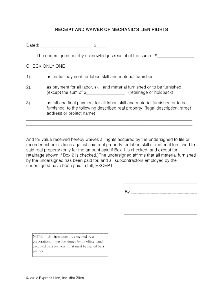 ZLien Receipt Waiver Of Mechanic Lien Rights Fill Out Sign Share Online PdfFiller