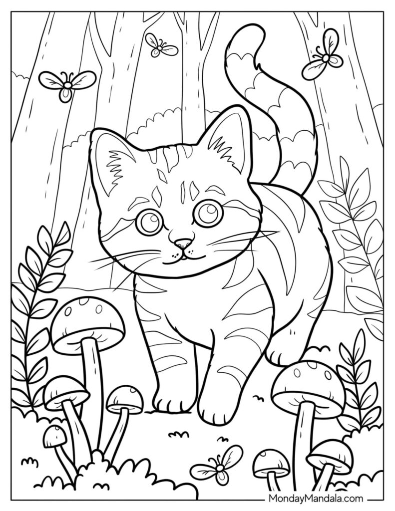 image alt text: colorful workspace with cat illustration ready to color