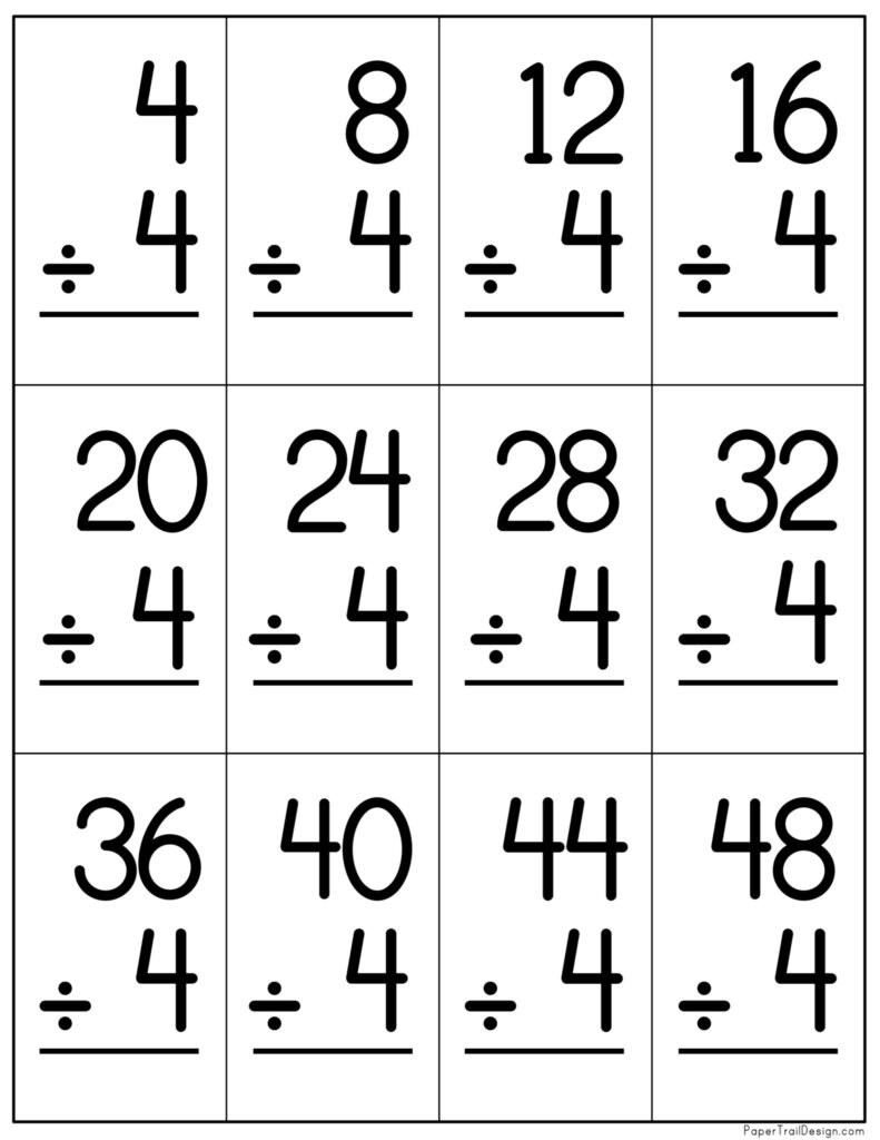 Close-up of division flashcards showing steps