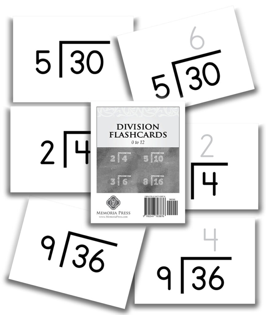 Colorful division flashcards on a desk