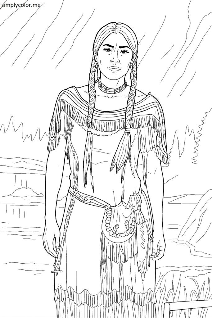 Family colors a sacagawea coloring page together