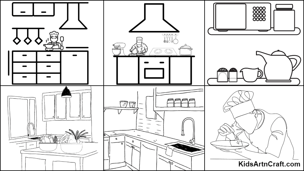 Blank kitchen scene coloring page awaiting colors