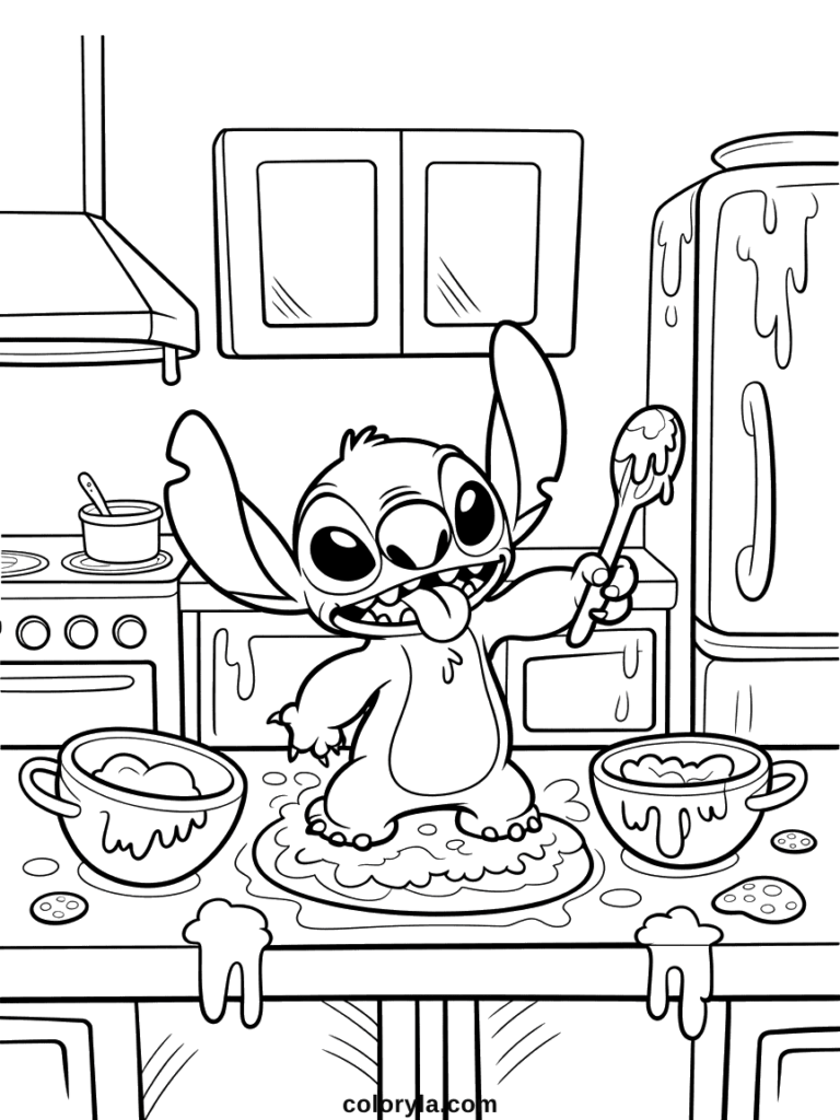 Child coloring kitchen utensils page with crayons